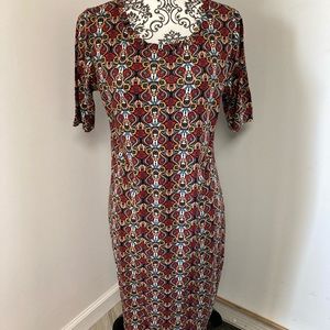 LulaRoe Julia Dress, used, navy with red, light blues, peach, yellow.